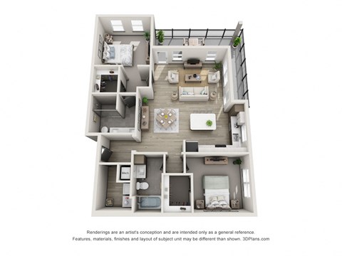 Floor plan for 2 beds, 2 baths, 1207 sqft